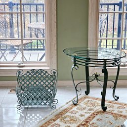 Wrought Iron And Heavy Glass Top Round Coffee Table 23'H X 23'DIA And A Magazine Holder  #26