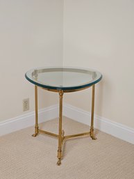 Labarge Italian Rounded Tri Corner Brass And Heavy Glass Side Table #55