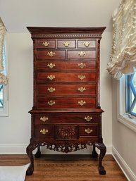 George III Style Mahogany Highboy Dresser On Claw And Ball Feet Upper Section With A Repeat Floral Frieze #93