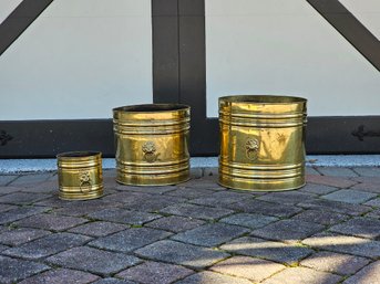 Set Of 3 Lion Head Handled Brass Buckets/planters #165