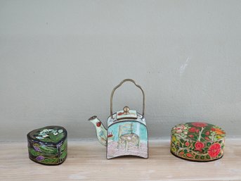 Lor Of 2 Hand Made Wooden Trinket Boxes Saras Imports And Enamel Collectible Teapot  #173