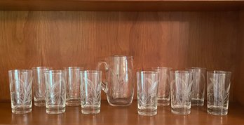 Set Of 10 Wheat Etched Tall Glasses And Pitcher #35