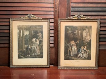 16.5 X 12 Pair Of Beautiful Vintage French Print Engravings In A Vintage Ornate Wooden Frame #41