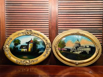 Lot Of 2 Reverse Paintings On Glass In Oval Vintage Frames 19 X 25 #50