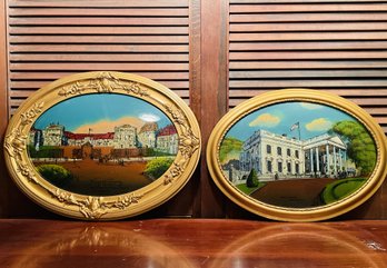 Lot Of 2 Reverse Paintings On Glass In Oval Vintage Frames 19 X 25 #51