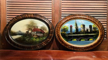 Lot Of 2 Reverse Paintings On Glass In Oval Vintage Frames 19 X 25 #56