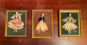 Vintage Set Of 3 Authentic Amalia Cats Dolls Greek Costumes Framed And Two Of Them Signed #71