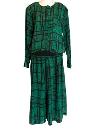 Vintage Sophisticates By Jonathan Martin Green And Black Skirt And Blouse Set Size 8