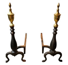 Vintage Pair Of Brass And Iron Federal Style Fireplace Andirons  #233