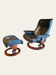 Ekornes Adjustable Black Leather Recliner With Ottoman From Norway