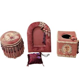 Stunning Collection Of Embroidered Velvet Boudoir Box, Picture Frame, Tissue Box & Small Hanging Pillow #215