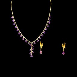 14K Yellow Gold And Amethyst Necklace Earrings Set Necklace 16' Total Weight Of Necklace W/earrings 6.75g #185