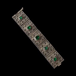 Antique Ottoman Empire Emerald Filigree 900 Silver Bracelet 6.5 Inch Lenght, 1 3/8 Inch Wide #187