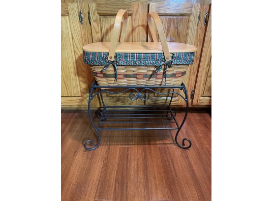 Longaberger Wrought Iron Stand/Table And 1996 Treasure Picnic Basket, Liner Protector & Wooden Lid Never Used