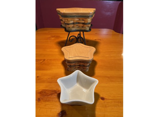 Lot Includes Two Longaberger Christmas Collection Shining Star Baskets And One Wrought Iron Stand With Dish
