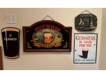 Lot Of Vintage Beer Signs And A 'Fisherman's Rest' Wooden Sign