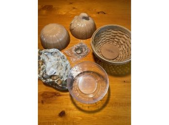Longaberger Handmade Basket Wooden Base, Thanksgiving Longaberger Pottery Glass Candy Dish And Pumpkin Tie-on