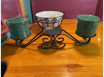 Longaberger Pottery Woven Bowl With Wrought Iron Stand And Wrought Iron Candle Stand, Two Pillar Candles