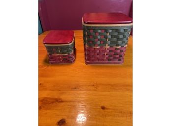 Rare Longaberger Set Of 2 Red Green Square 2006 Baskets With Red Wood Lids