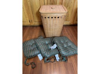Longaberger Laundry Hamper Basket With Lid And Plastic Protector And Three Longaberger Cotton Chair Pads