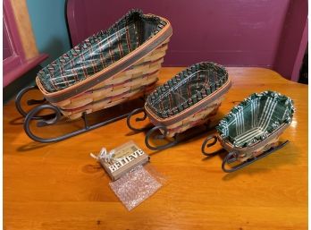 1997-1999 Set Of 3 Longaberger Sleigh Baskets And 'Believe' Tie-on