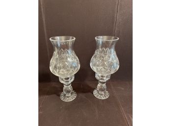 Pair Of Stuart Crystal Hurricane Candleholder W/Acid Etched, Makers Mark In A Very Good Condition