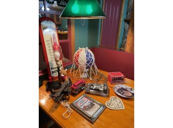 Lot Of Vintage Items Includes Vintage Basketball Hanging Lamp, Vtg Signs And Christmas Candle Holder Ornaments