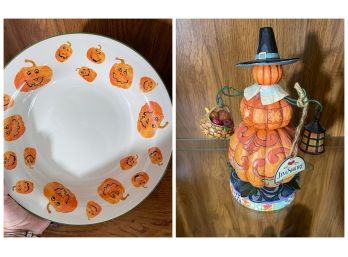 Jim Shore Heartwood Creek Pilgrim Patch And Longaberger Halloween Treats Candy Bowl