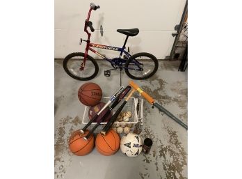 Boys Bike, Basketballs And Baseball Bats