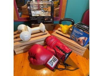 Lot Of Sporting Goods Includes Ankle & Wrist Weights, Boxing Gloves, Brookstone RC Helicopter, Kettlebell Etc