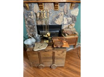 Hand Made Wooden Chest, Granite Cutting Board W/knife, Fireplace Tool Set, Bellow, Log Basket W/logs And More