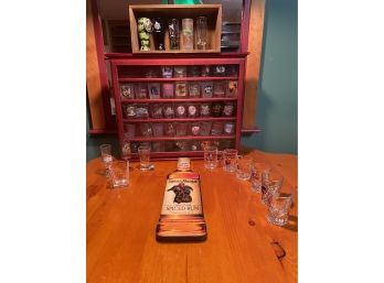 57 Shot Glass Collection With Wall Display Case Holder Cabinet
