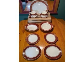 Vintage Leigh Potters Maroon Emperor Pattern 22K Gold Rimmed Plates, Bowls, Platter, Teacups & Saucers 11 Pcs