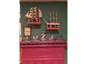 Hand Made Wooden Model Sailing Ships W/display Shelves, 4 Collectible Lighthouses W/wooden Base, Clock & Print