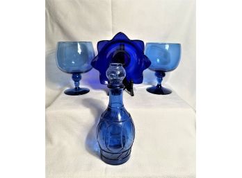 Lot Of Cobalt Blue Items Includes Antique Cobalt Blue Glass Decanter, Cobalt Blue Glass Dish And Pair Of Glass