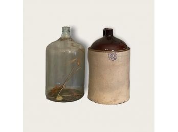 Antique Stoneware Jug (late 1800s) In A Beautiful Condition And Antique 5 Gallon Glass Water Jug In Excellent