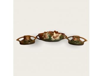 Roseville Pottery 'Magnolia' Bowl And Pair Of Roseville Pottery 'Magnolia' Candle Holders