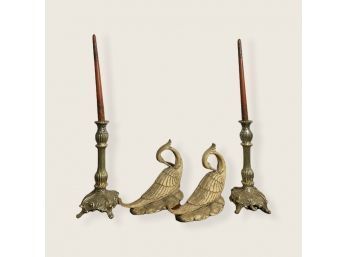 Antique Bronze Candleholders W/decorative Wood Carved Candles And A Pair Of Vintage Wood Carved Swans