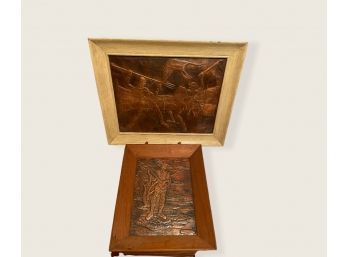 VTG Copper Relief MCM Art ROMAN GLADIATORS And VTG Asian Artwork Embossed Copper Hand Tooled Wood Frame Art