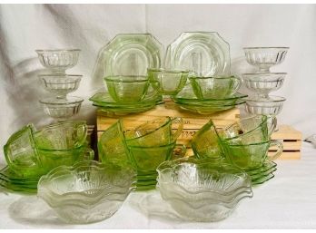 Fabulous Retro Green Depression Cups 12 And Saucers 15 In The Parrot Pattern, 6 Dessert Cups & 6 Iris Crystal