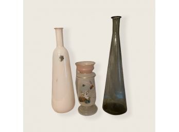 Handmade Neapolitan Glass Tall Vase In Pale Pink, 1960s Glass Tall Vase In Smoke Grey, Vtg Bristol Glass Vase