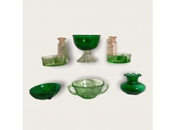 Green Depression Glass Divided Dishes, Vintage Green Glass Sherbet, Hand Blown Pink Small Vases, 1930s Dish