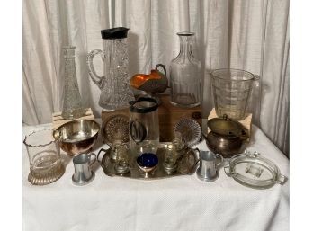 Antique/vintage Silver Plate And Glass Items Lot Include Antique Sterling Silver And Cut Crystal Water Pitcher