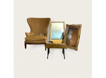 French Provincial Carved Beechwood Antique Wingback Armchair, Wrought Iron Cushioned Footstool And VTG Mirrors