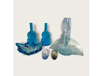 Pair Of Hand  Blown Sapphire Blue Violin Figural Bottles, 1960s Murano Glass Catchall, Ice Blue Basket& More
