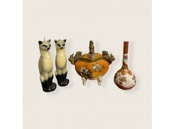 Antique Satsuma Japanese Hand Painted Covered Jar, Antique Kutani Japan Porcelain Bottle, Siamese Cat Candles