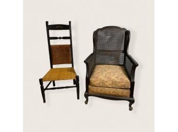 Antique High Back Side Chair And Antique Caned Back Wing Chair