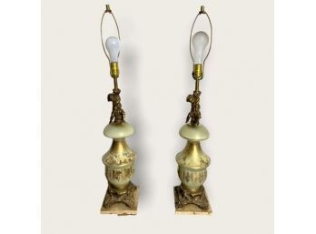 Pair Of Antique Glass & Marble Cherub Lamps