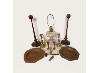 Antique Hand-hammered Copper Octagonal Dishes, Vintage Crystal Glass Lamp, Vintage Wooden Candleholders, Etc