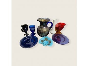 Vintage Items Includes- Carnival Glass Pitcher, Milk Glass Vases And Candy Dish, Red And Blue Vintage Goblets